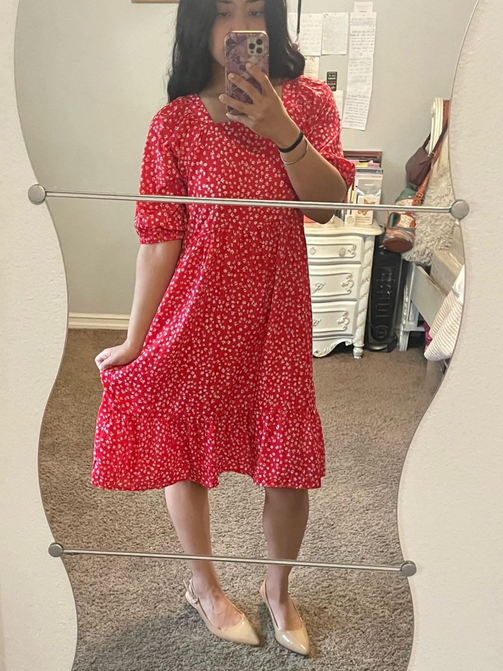 Red Floral Puff-Sleeve Tiered Dress